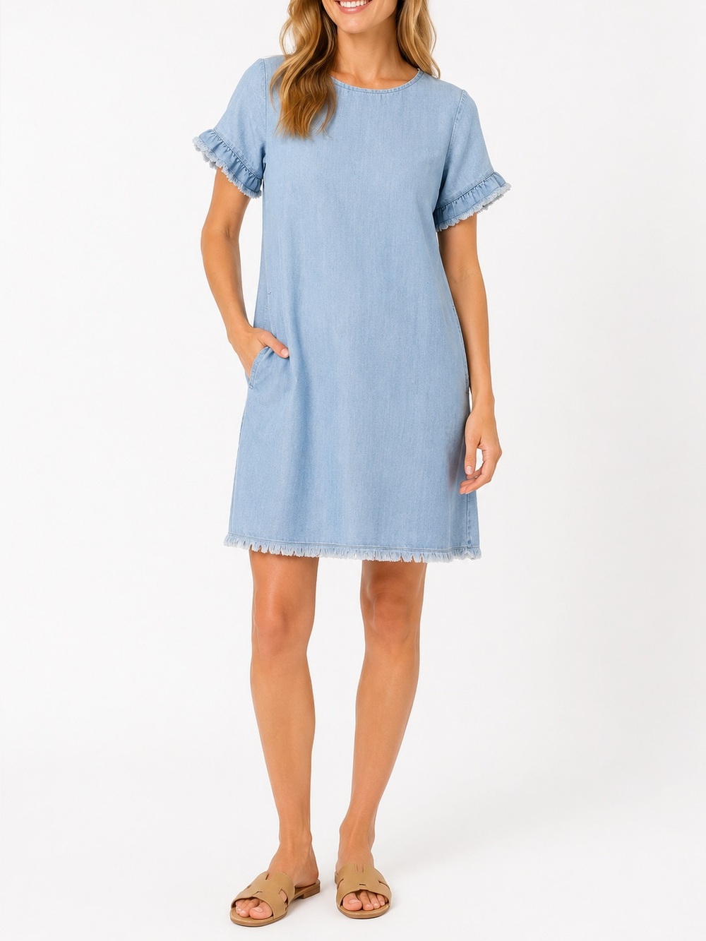 Tommy Bahama Chambray Shift Dress Size Medium Frayed Hem & Sleeves